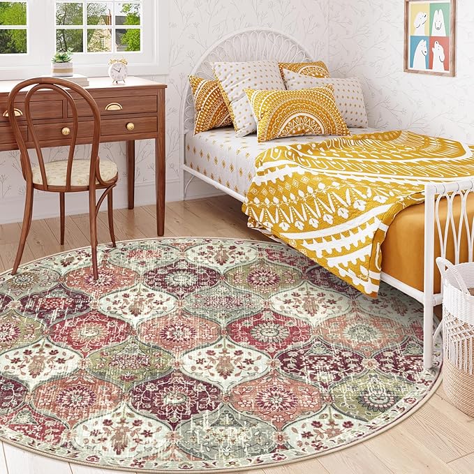 Lahome Moroccan Trellis Washable Round Area Rug, Round Rug 5ft Soft Non-Slip, Non-Shedding Distressed Circle Carpet for Bedroom Living Room Bathroom Nursery Elise, Orange/Terracotta