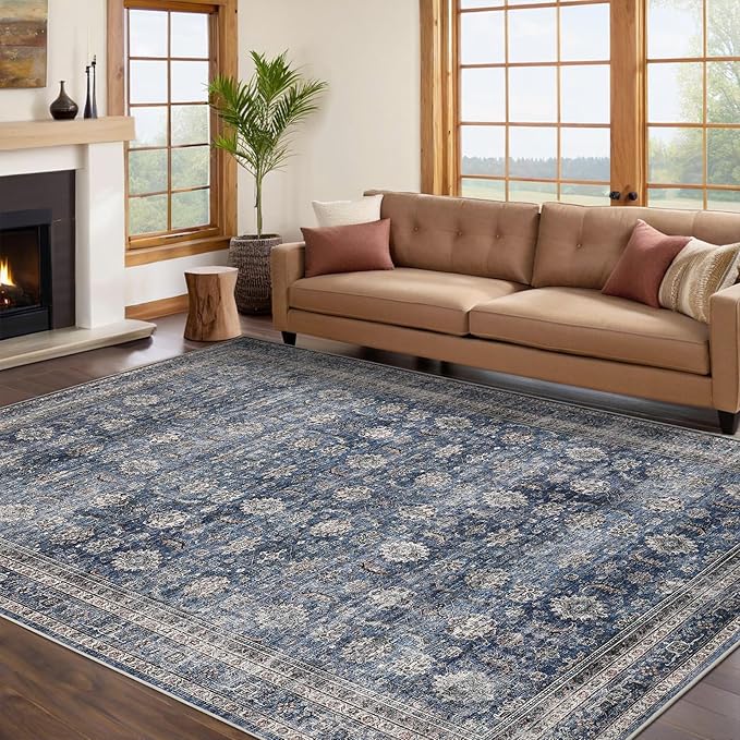 GarveeHome 10x13 Washable Vintage Area Rug Stain Resistant Non-Slip Large Indoor Carpet Non Shedding Soft Low-Pile Carpet Foldable Distressed Retro Floor Mat for Bedroom Living Room Denim
