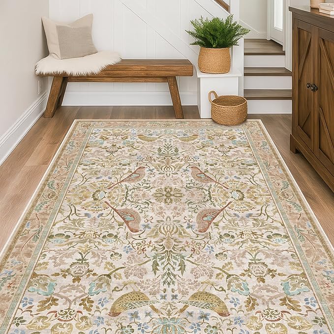 Washable Area Rugs 5x8 for Bedroom - Western Nature Rugs for Living Room, Dining Room,Playroom, Guest Room with Boho Beige Neutral Botanical & Bird Pattern, Non Slip Stain Resistant Low Pile