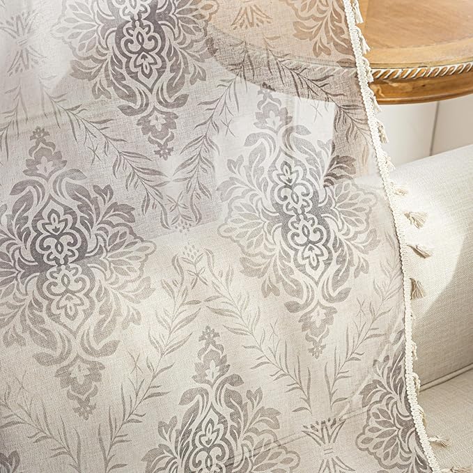 Khaki Geometric Sheer Curtains 84 inch Long, Fringed Edges and Textured Semi Sheer Curtains Large Window Treatments for Living Room/Bedroom, 2 Panels