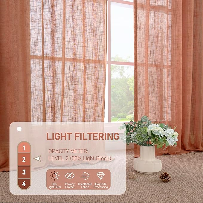 LAMIT 54 Inch Semi Sheer Window Linen Curtains, Light Filtering Panels Back Tab and Rod Pocket Neutral Drapes for Bedroom/Living Room, Terracotta, 2 Panels, 34 x 54 Inch