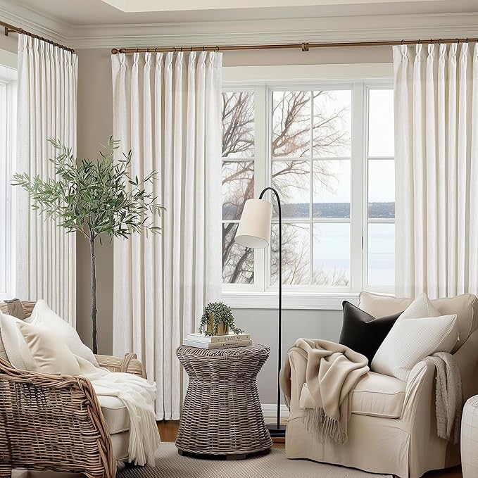 TWODRAPES Natural Pinch Pleated Linen Curtains 1 Panel for Living Room Bedroom Memory Training Shaped Semi Sheer Pleat Drapes with Hooks Rings Light Filtering Window Curtain 60x108