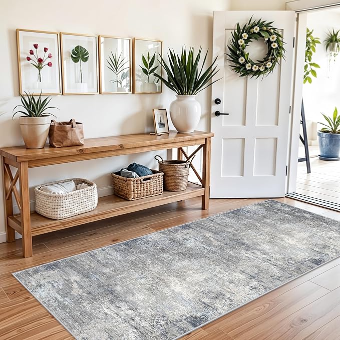 3x7 Kitchen Runner Rug – Washable Non-Slip Modern Abstract Neutral Carpet for Hallway, Entryway, Bedroom, Bathroom – Low-Pile Thin Stain-Resistant Wide Floor Runner (Blue Grey,3x7)