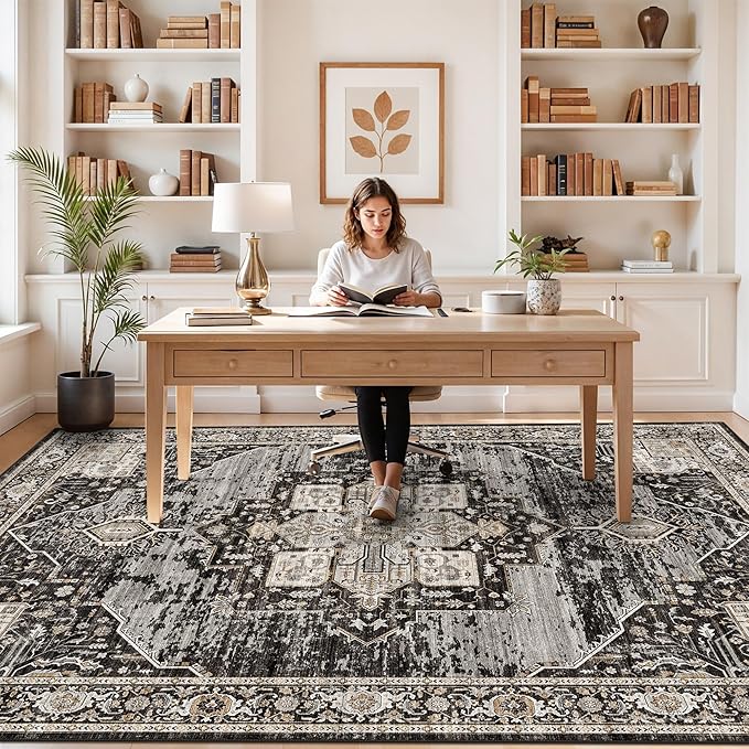 RUUGME Washable 6x8 Oriental Area Rug - Soft Stain Resistant Rugs for Living Room Bedroom Non Slip Low Pile Carpets for Dining Room Non-Shedding Home Decor Mat for Bathroom Study Room 6x8 Black