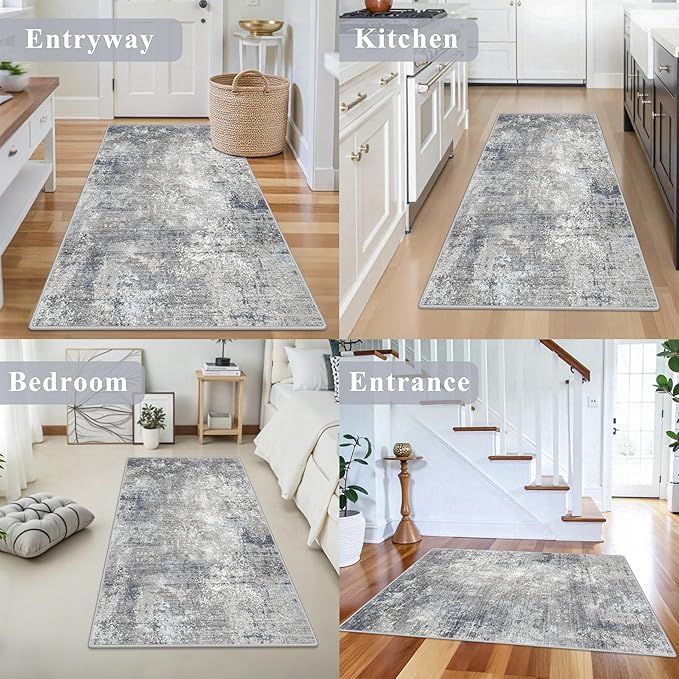 3x5 Washable Entryway Rug – Non-Slip Rubber Backed Small Area Rug for Kitchen, Bedroom, Living Room, Office – Soft Low-Pile Thin Modern Abstract Neutral Throw Rug （Blue Gray,3x5）