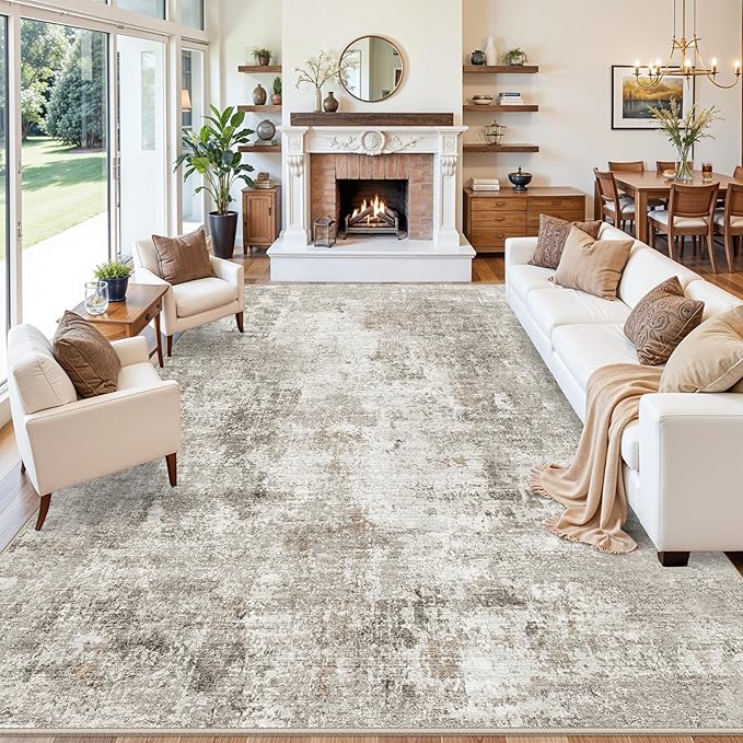 12x14 Area Rug for Living Room – Washable Non-Slip Soft Extra Large Carpet for Bedroom Dining Room Family Room, Modern Neutral Abstract Low Pile Thin Indoor Big Rug （Beige Grey）