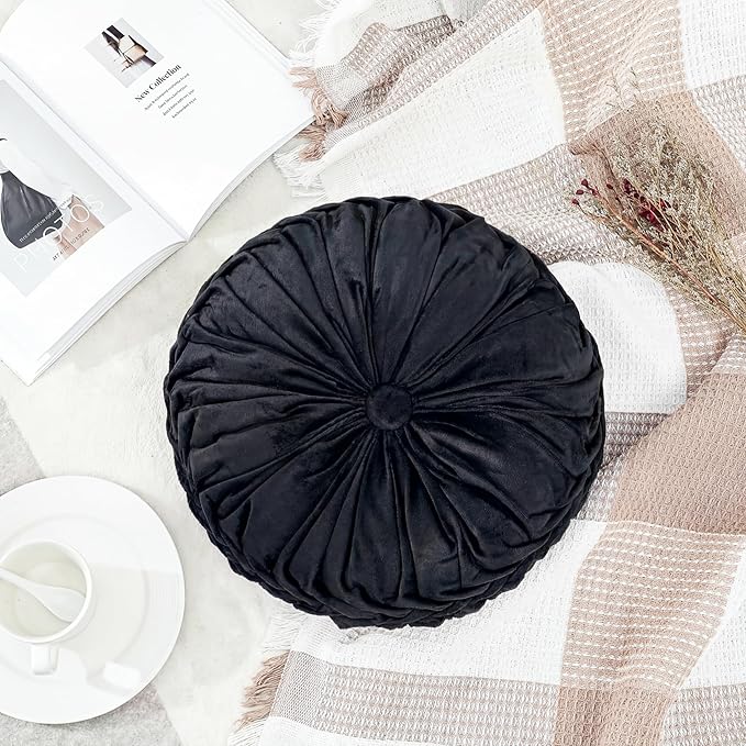 Drydiet 1 Pcs Round Throw Velvet Pillows Decorative Pleated Throw Pillows 15'' Diameter Accent Pumpkin Boho Chair Cushion for Couch Sofa Home Decoration (Black)