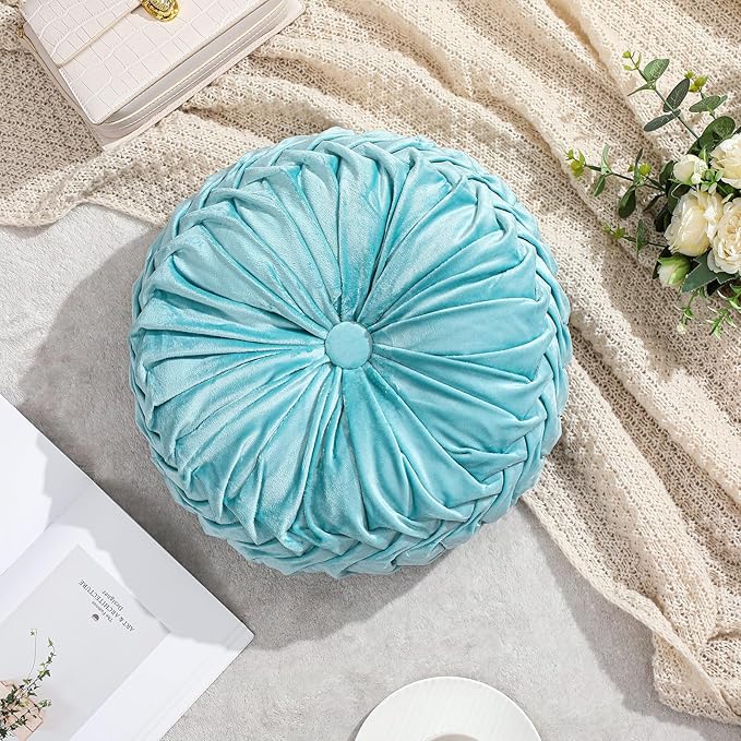 Drydiet 1 Pcs Round Throw Velvet Pillows Decorative Pleated Throw Pillows 15'' Diameter Accent Pumpkin Boho Chair Cushion for Couch Sofa Home Decoration (Aqua)