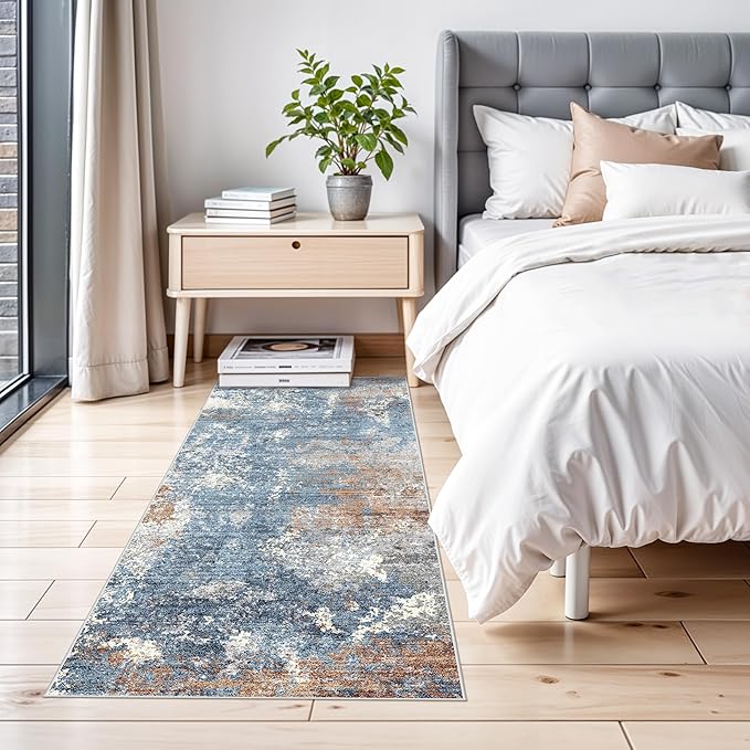 2x4 Runner Rug Washable Non-Slip – Small Throw Rug for Kitchen Floor, Bedroom, Entryway, Bathroom, Bedside – Modern Abstract Neutral Low-Pile Thin Indoor Door Mat（Blue Rust,2x4）