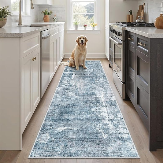 Soalmost Runner Rug 2'x6' Abstract Washable Non-Slip Runner Rugs for Kitchen Bathroom Laundry Room Blue Vintage Floor Carpet Runners for Hallway Entryway
