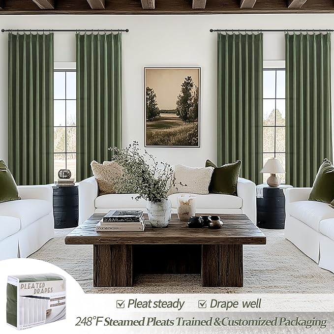 Loden Pinch Pleated Floor to Ceiling Long Curtains 120 Length, Vintage Curtains for Bedroom 2 Panels Set with Hooks Dark Olive Green Linen Pretty Light Filtering Semi Sheer Drapes 10 FT Length