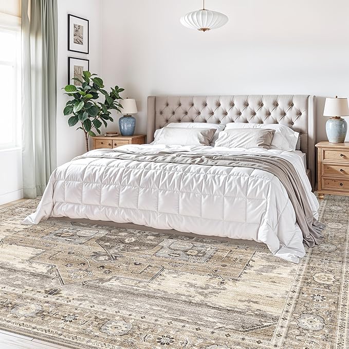 RUUGME Washable 10x10 Area Rug - Large Vintage Area Rugs with Non Slip Backing Low Pile Stain Resistant Carpet for Bedroom Dining Room Indoor Soft Carpets Home Decor Decoration Mat 10X10 Beige