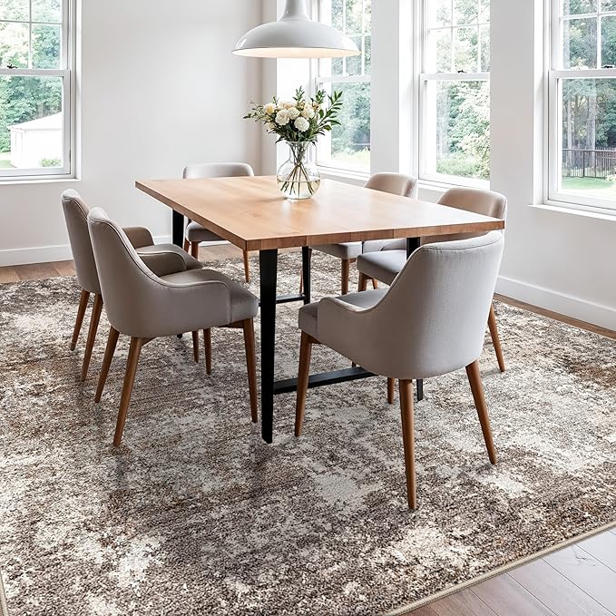 10x10 Square Living Room Area Rug – Washable Non-Slip Modern Large Rug for Bedroom, Dining Room, Playroom –Abstract Low-Pile Thin Indoor Floor Carpet (Brown Beige,10x10)