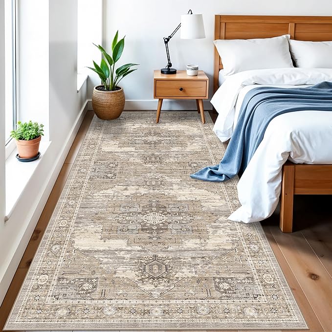 RUUGME 4x8 Hallway Runner Rug - Washable Vintage Soft Runners Stain Resistant Carpet Lightweight Ultra-Thin Rugs for Entryway Kitchen Bedroom with Non Slip Backing Home Decor 4x8 Beige