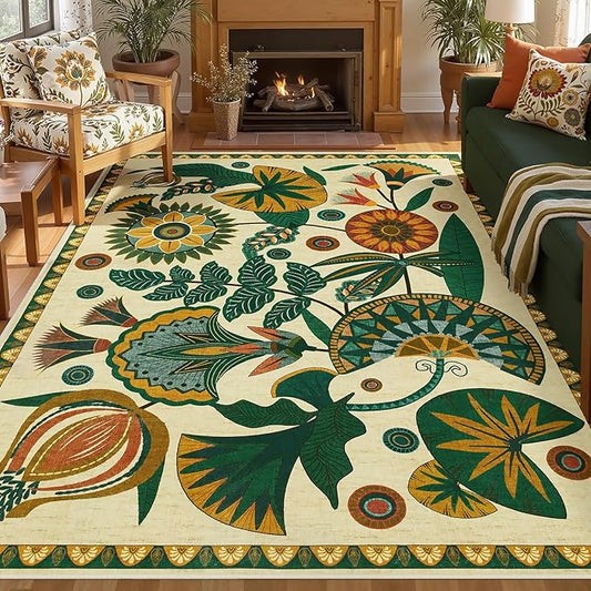 Joydeco Egypt Floral Boho 9x12 Rugs for Living Room, Large Beige Washable Area Rug for Bedroom Dining Room Table, Vintage Non Slip Indoor Throw Carpet for Playroom Nursery Dorm Classroom
