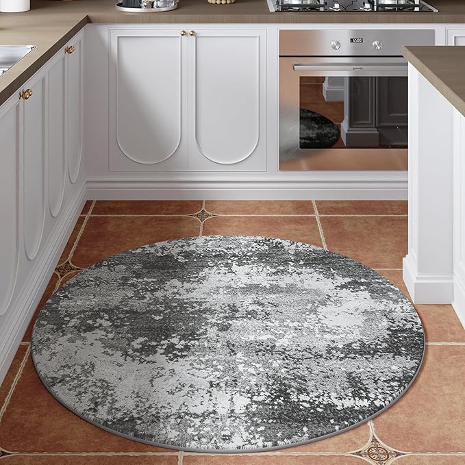 Round Area Rugs 4ft Washable Grey Circle Rug for Entryway Kitchen, Non Slip Soft Low Pile Stain Resistant, Boho Circular Carpet for Living Room Bedroom Dorm Dining Room Table, Abstract Gray