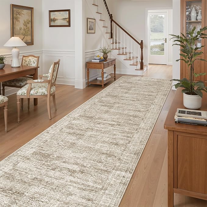 Soalmost Runner Rug 3x12 Washable Non-Slip Hallway Runner Rugs for Kitchen Bathroom Laundry Room Brown Vintage Floor Carpet Runners for Hallways Entryway