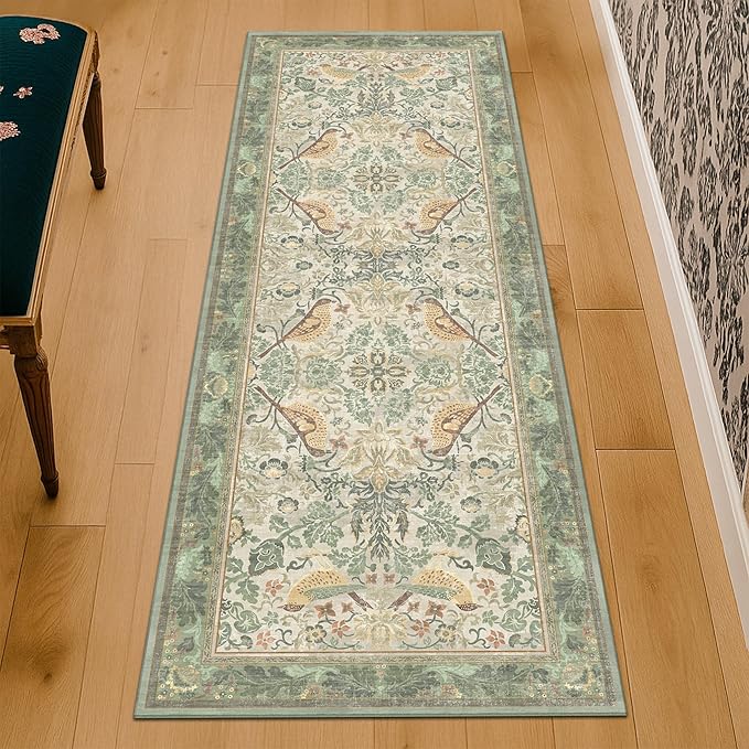 Hazo Haus Boho Long Bathroom Runner Rug 2x6 - Floral & Bird Runner Rug for Kitchen Floor, Hallway, Laundry Room, Bedroom, Entrance, Sage Green Vintage Decor, Washable Non Slip Low Pile - Light Green