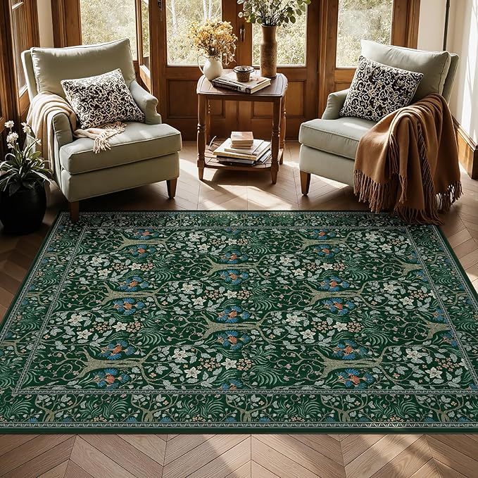 Joydeco Washable 4x6 Area Rug for Bedroom, Dark Green Boho Floral Vintage Rug Non Slip, Soft Stain Resistant Indoor Floor Dining Room Throw Carpet for Home Office Entrance Kitchen