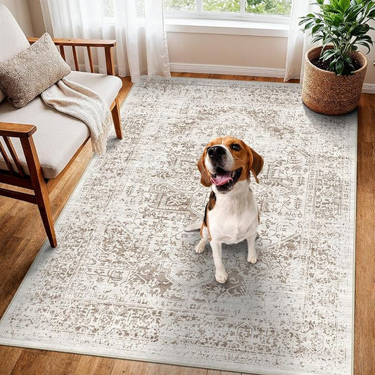 Washable 3x5 Area Rug for Entryway - Kitchen Non Slip Low-Pile Rugs Vintage Soft Thin Carpet Small Stain Resistant Mat for Bedroom Entrance Bathroom Floor Decor (Cream/Camel)