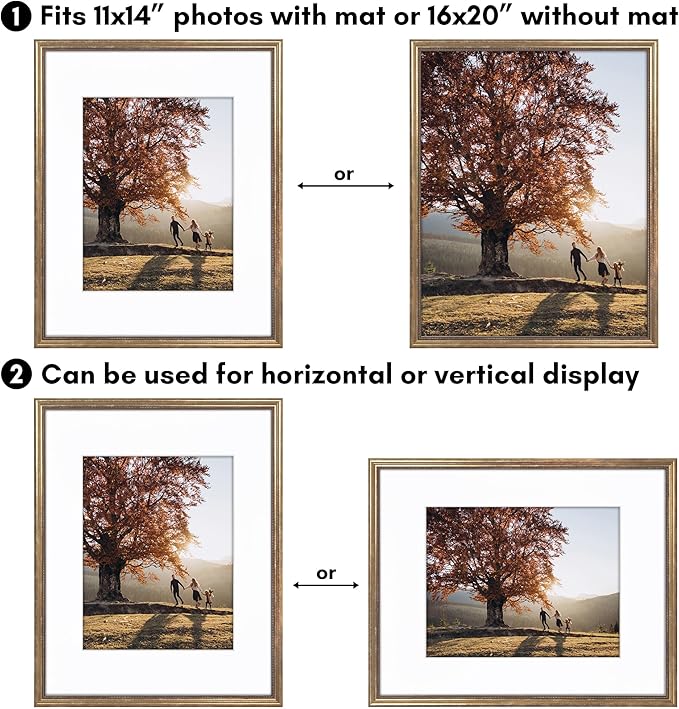 Americanflat Vintage Frames - 16x20 Picture Frame with Beaded Accents and Polished Plexiglass - Use as 11x14 Frame or Display 16x20 Photos Without Mat - Heirloom Collection - Wall Display - Gold