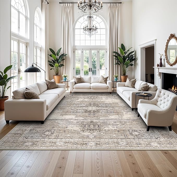 Washable 9x13 Large Living Room Rugs, Vintage Oriental Low Pile Soft Rugs Indoor Non Slip & Non-Shedding Carpets for Bedroom/Dining Room/Office Farmhouse Distressed Home Decor Floor Mat (9x13 Beige)