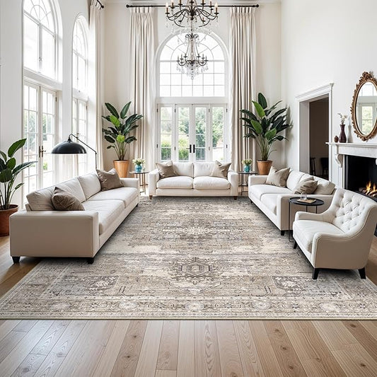 Washable 9x13 Large Living Room Rugs, Vintage Oriental Low Pile Soft Rugs Indoor Non Slip & Non-Shedding Carpets for Bedroom/Dining Room/Office Farmhouse Distressed Home Decor Floor Mat (9x13 Beige)