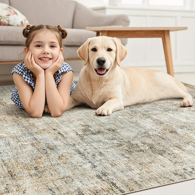 Soalmost Abstract Rug 5x7 Machine Washable Area Indoor Orange Low Pile Non-Slip Foldable Thin Accent Rugs for Bedroom Living Room Dining Room