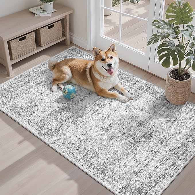 Soalmost 3x4 Rug, Small Area Rug for Kitchen, Entryway, Machine Washable Non-Slip Throw Rug, Vintage Carpet for Nursery Coffee Table Grey