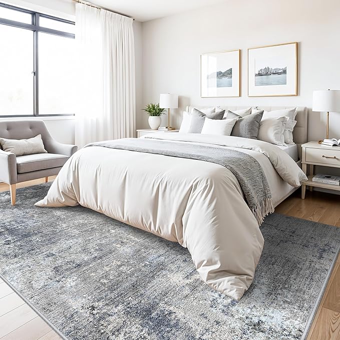 6x9 Washable Living Room Rug – Modern Neutral Abstract Large Indoor Area Rug for Bedroom Dining Room – Non-Slip, Soft, Low-Pile, Thin, Stain-Resistant Indoor Carpet（Blue Grey,6x9）