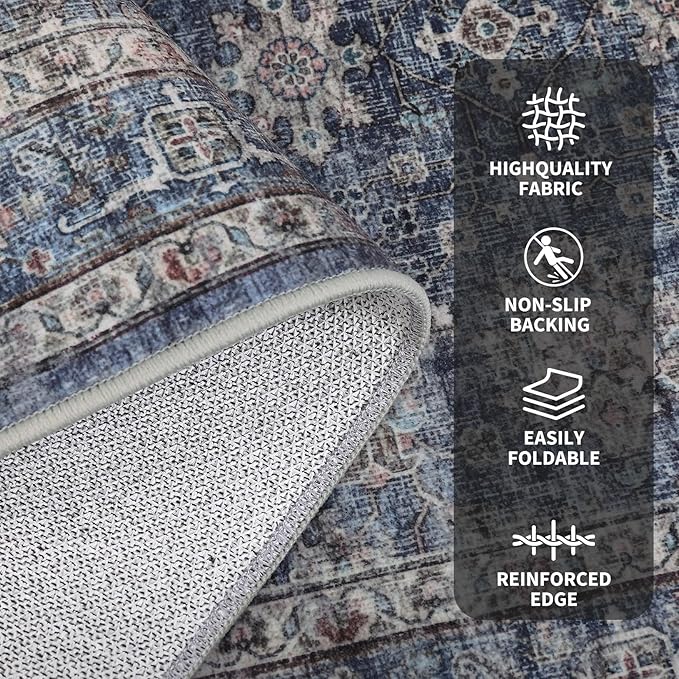 GarveeHome Hallway Runner Rug 2.5x8 Machine Washable Vintage Soft Low-Pile Kitchen Runner Non Slip Backing Stain Resistant Foldable Entryway Floor Mat Carpet for Bedroom Bathroom Denim