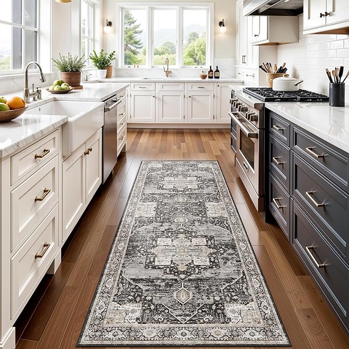 3x7 Washable Entryway Rug Runner - Vintage Non Slip Stain Resistant Runners Ultra-Thin Soft Carpets for Kitchen Hallway Bedroom Laundry Room Distressed Indoor Home Decor Mat 3X7 Black