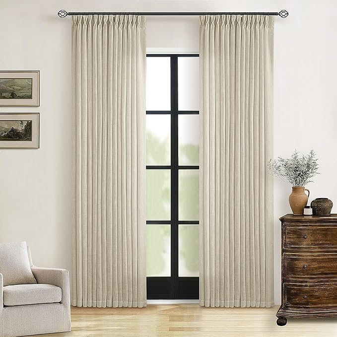 TWODRAPES Linen Pinch Pleated Linen Curtains 2 Panels for Living Room Bedroom Memory Training Shaped Semi Sheer Pleat Drapes with Hooks Rings Light Filtering Window Curtain 40x80