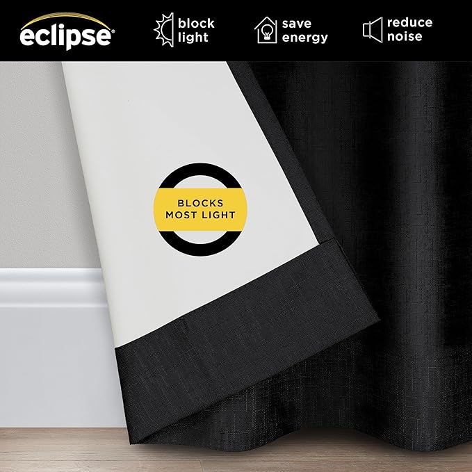 Eclipse Kendall Modern Thermaback Blackout Window Curtains, Rod Pocket, Insulating and Noise Reducing Window Curtains, 84 Inch Long x 42 Inch Wide, Curtain Panel Set, 2 Pack, Black