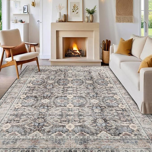 GarveeHome Washable Rugs for Living Room 10x13 Vintage Neutral Area Rug, Ultra Soft Low Pile Oriental Floral Carpet, Non Slip & Stain Resistant Retro Floor Mats for Home Decor, Beige Brown