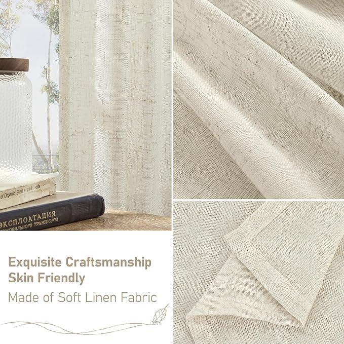LAMIT Extra Wide Linen Curtains for Bedroom,Natural Light Filtering Faux Linen Textured Panels Semi Sheer Back Tab and Rod Pocket Boho Drapes for Living Room, 2 Panels, 70 x 84 Inch