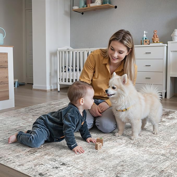 Soalmost Abstract Rug 8x10 Large Living Room Rugs Neutral Modern Washable Area Rugs for Bedroom Dining Room Non-Slip Stain Resistant Foldable Thin Rug Grey Pink