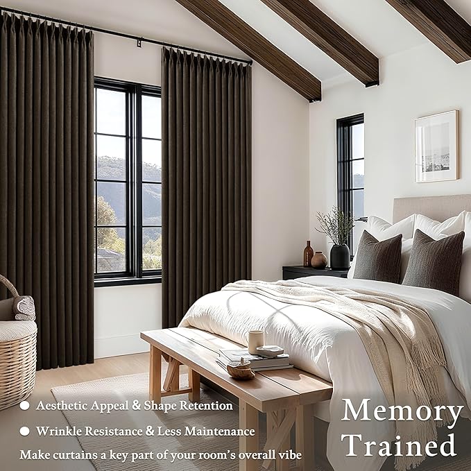 Chocolate Brown Pleated Linen Blackout Curtains 86 Inches Long for Bedroom Living Room Pinch Pleat Black Out Thermal Insulated Ring Hooks Back Tab Room Darkening Drapes Curtains with Liner 40x86