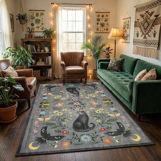 GarveeHome 5x7 Cat Area Rug Grey Washable Rugs for Living Room Bedroom, Soft Mushroom Floral Low Pile Non Slip Floor Mat Animal Print Throw Rug Indoor Carpet for Dorm Playroom Gothic Decor