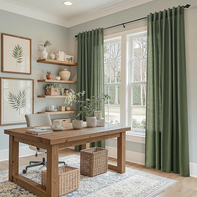 Nanspring Forest Green Linen Curtains for Living Room 72 Inches Long Light Filtering Semi Sheer Curtain Back Tab and Rod Pocket Wabi Sabi Boho Decor Luxury Drapes for Bedroom Office 52x72, 2 Panels