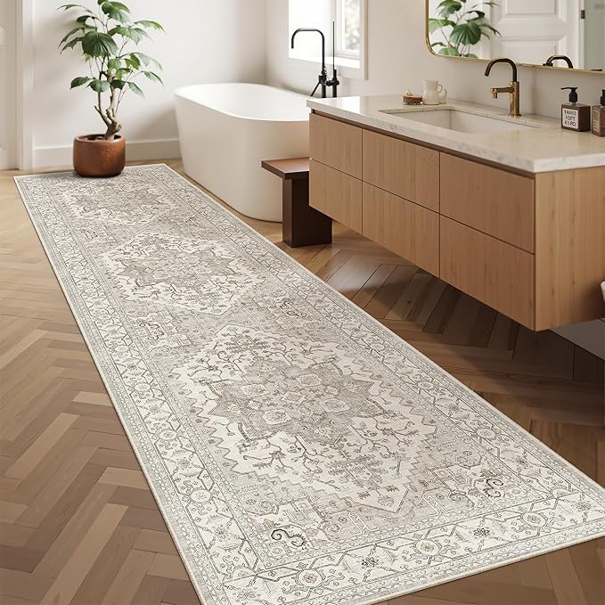 Madane Hallway Runner Rug 2'6''x10' Kitchen Runner, Non Slip Vintage Runners for Hallways 10ft Washable Kitchen Rugs Soft Low Pile 2.5x10 ft Rug Runner for Entryway and Bedroom, Beige/Brown