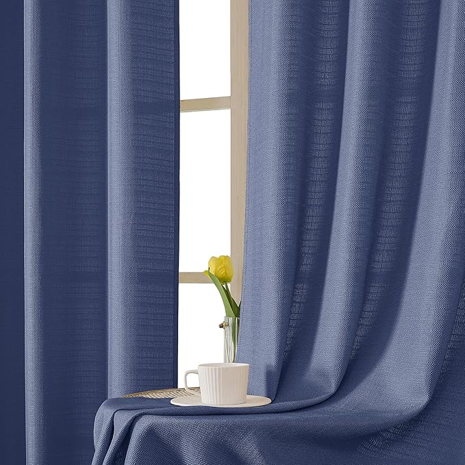 Chyhomenyc Blue Curtains 72 Inch Length 2 Panels Set, Faux Linen Textured Semi Sheer Light Filtering Soft Airy Privacy Farmhouse Curtain Drapes for Living Room Bedroom, 40 Wx72 L Inches