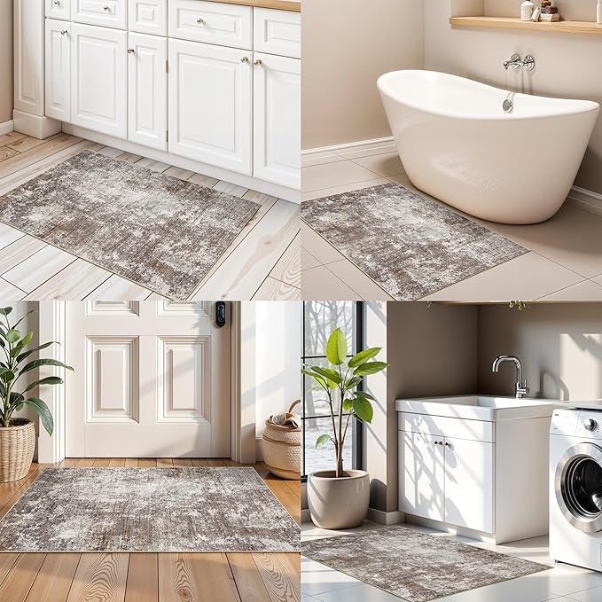 2x3 Washable Non-Slip Area Rug – Small Throw Rug for Kitchen, Entryway, Bedroom, Bathroom – Modern Abstract Neutral Soft Low Pile Thin Indoor Door Mat (Brown Beige,2x3)