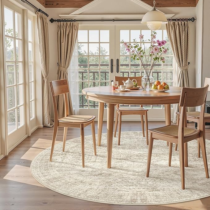 Soalmost 6x6 Beige Round Rug 6ft Living Room Circle Rug Vintage Round Area Rug Non Slip Indoor Carpet for Dining Room Bedroom
