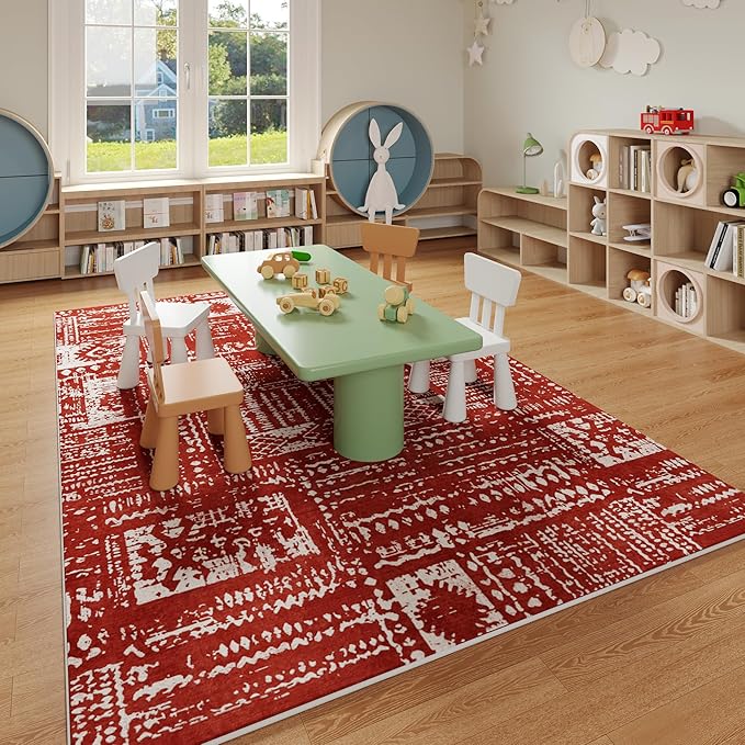 Rugcomf Living Room Rug 6x9 Rug Machine Washable Boho Area Rug Non Slip Moroccan Vintage Low Pile Large Rug for Living Room, Bedroom, Farmhouse, Dining Room, Kids Playroom(Terracotta)