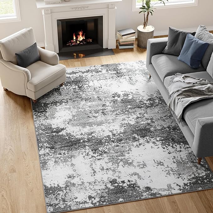 Washable Rug 4x6 Entryway Rugs for Living Room Bedroom Carpet, Grey Indoor Vintage Abstract Boho Large Area Rug Non Slip Faux Wool Rugs for Dorm, Dining Room Table, Nursery, Kids Playroom, Gray