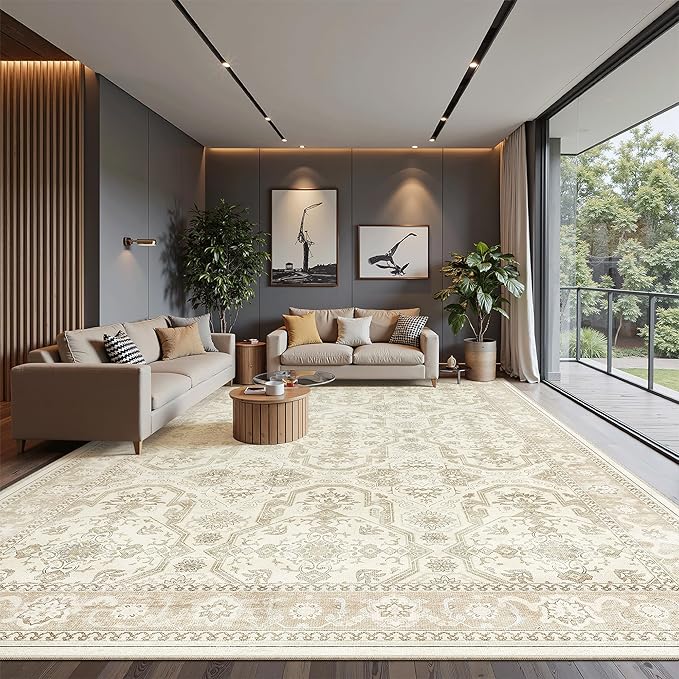 Soalmost 10x14 Area Rugs for Living Room, Non Slip Machine Washable Vintage Rugs, Low Pile Lightweight Large Rug for Bedroom, Dining Room, Home Office Beige/Brown