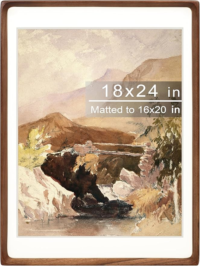 18x24 Picture Frame with Mat for 16x20, Natural Walnut Wood Handcrafted Rounded Corner with Plexiglass, Vertical or Horizontal Display Photo Gallery Poster Wall Mounting Frame