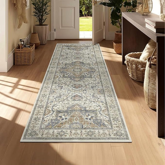 Washable Hallway Runner Rug - 3x8 Floor Carpet Rug Distressed Low Pile Mats Non Slip Soft Rugs for Dining Room with Rubber Backing Bedroom Runner with Vintage Design (Beige/Blue 3x8)