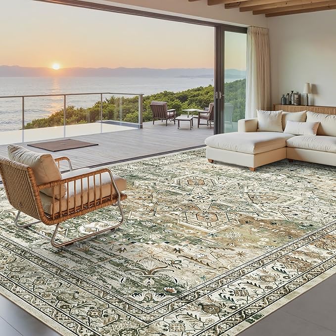 Soalmost 9x12 Area Rugs for Living Room, Non Slip Machine Washable Vintage Rugs, Low Pile Lightweight Large Rug for Bedroom, Dining Room, Home Office Olive